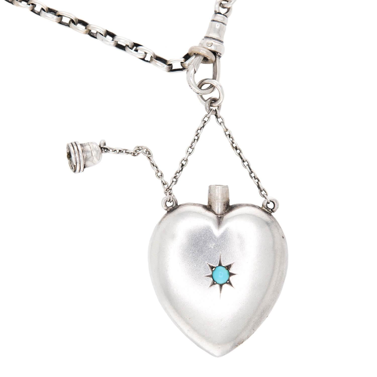 Victorian Sterling Silver Turquoise Heart Perfume Bottle Pendant Necklace