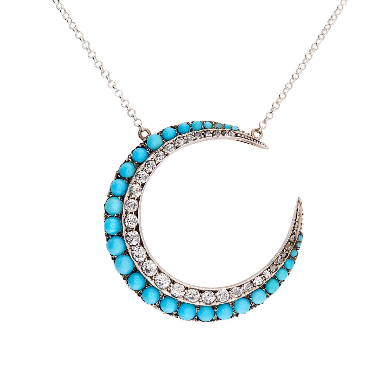 Victorian 18k/Sterling Silver Diamond & Turquoise Crescent Pendant Necklace