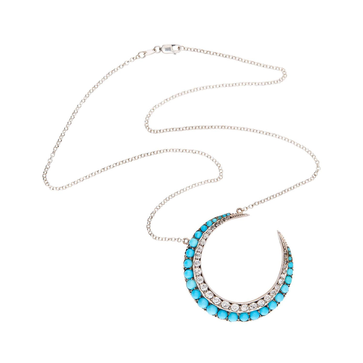 Victorian 18k/Sterling Silver Diamond & Turquoise Crescent Pendant Necklace