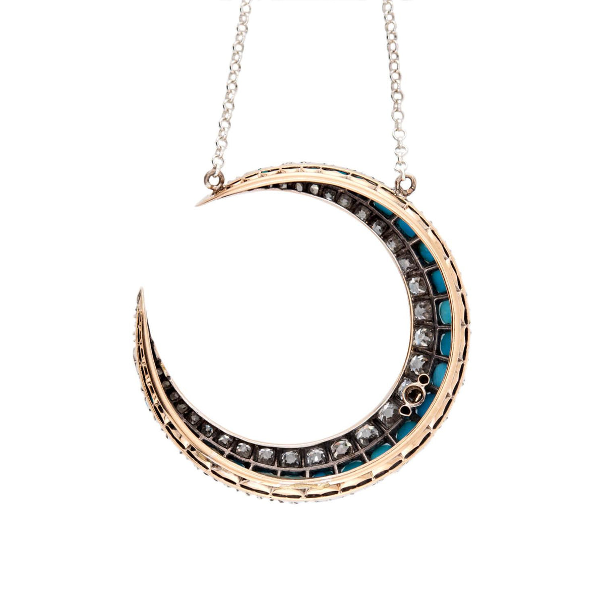 Victorian 18k/Sterling Silver Diamond & Turquoise Crescent Pendant Necklace