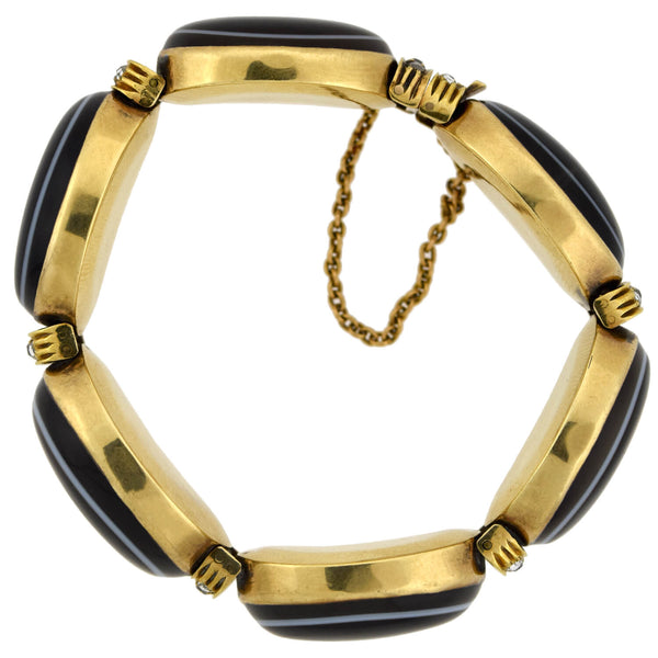 Victorian 15kt Gold Banded Agate + Diamond Link Bracelet