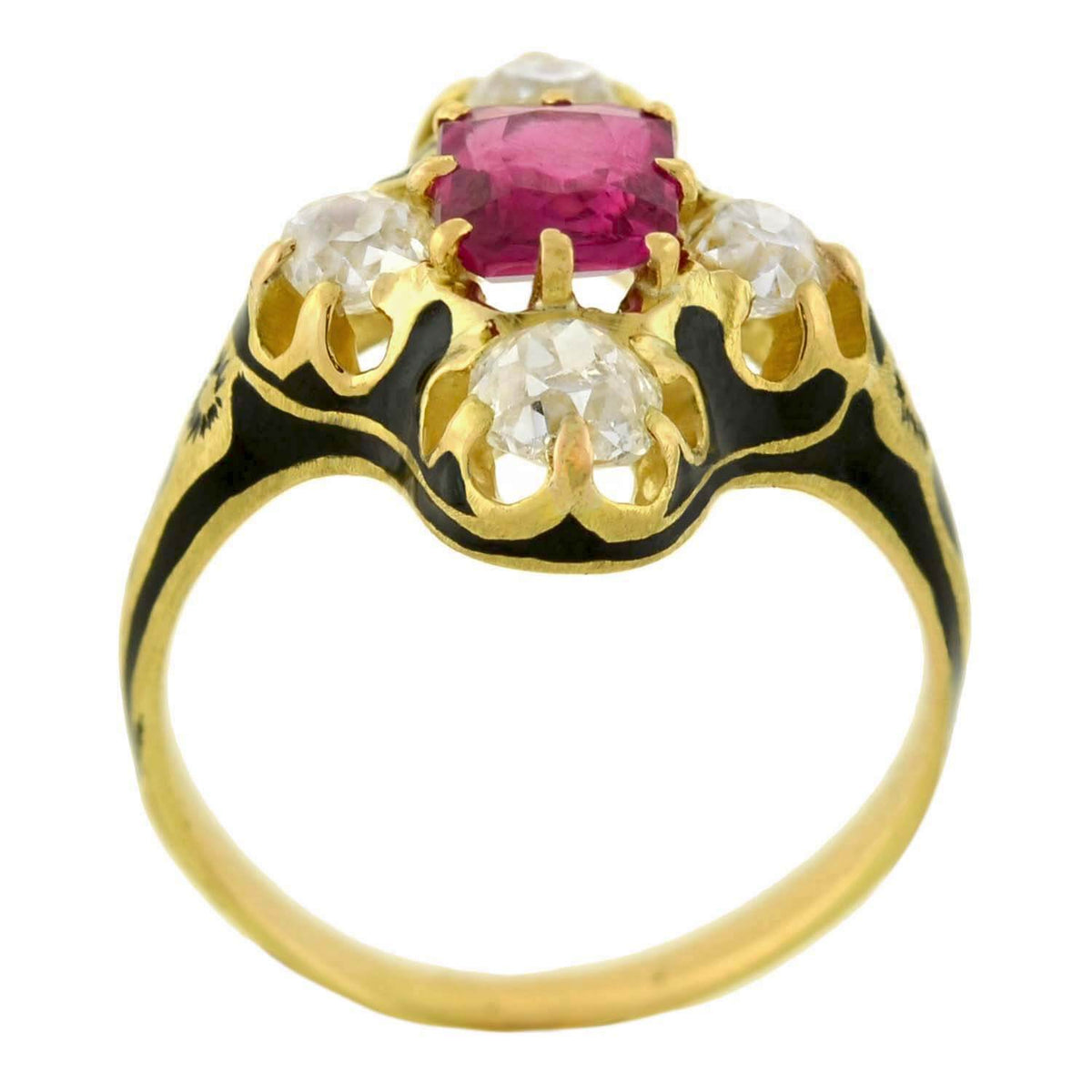 Victorian 18kt Natural No Heat Burma Ruby + Diamond Enamel Ring