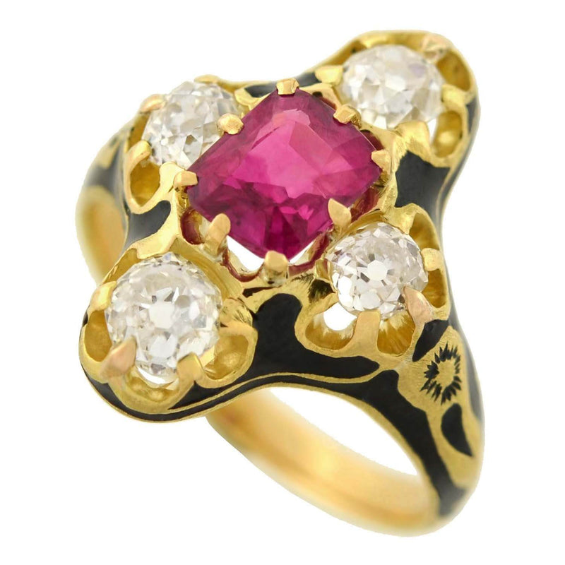 Victorian 18kt Natural No Heat Burma Ruby + Diamond Enamel Ring