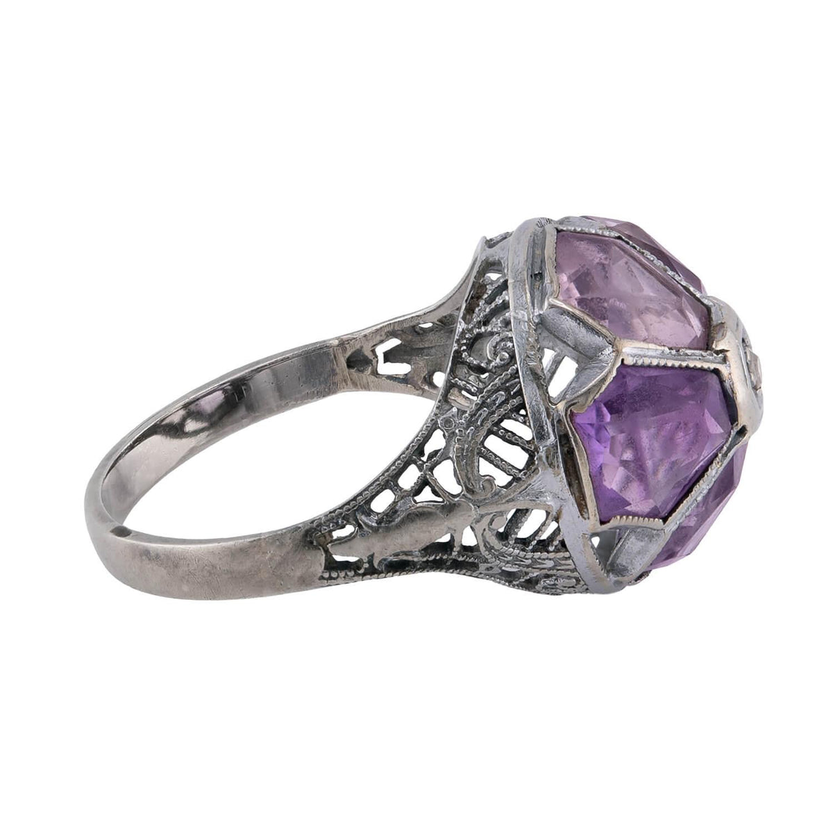 Art Deco 14k Amethyst & Diamond Floral-Motif Ring