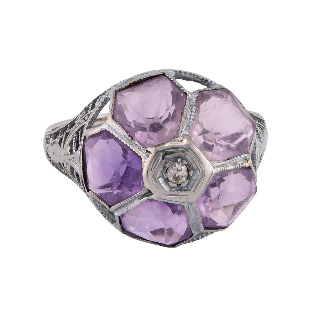 Art Deco 14k Amethyst & Diamond Floral-Motif Ring