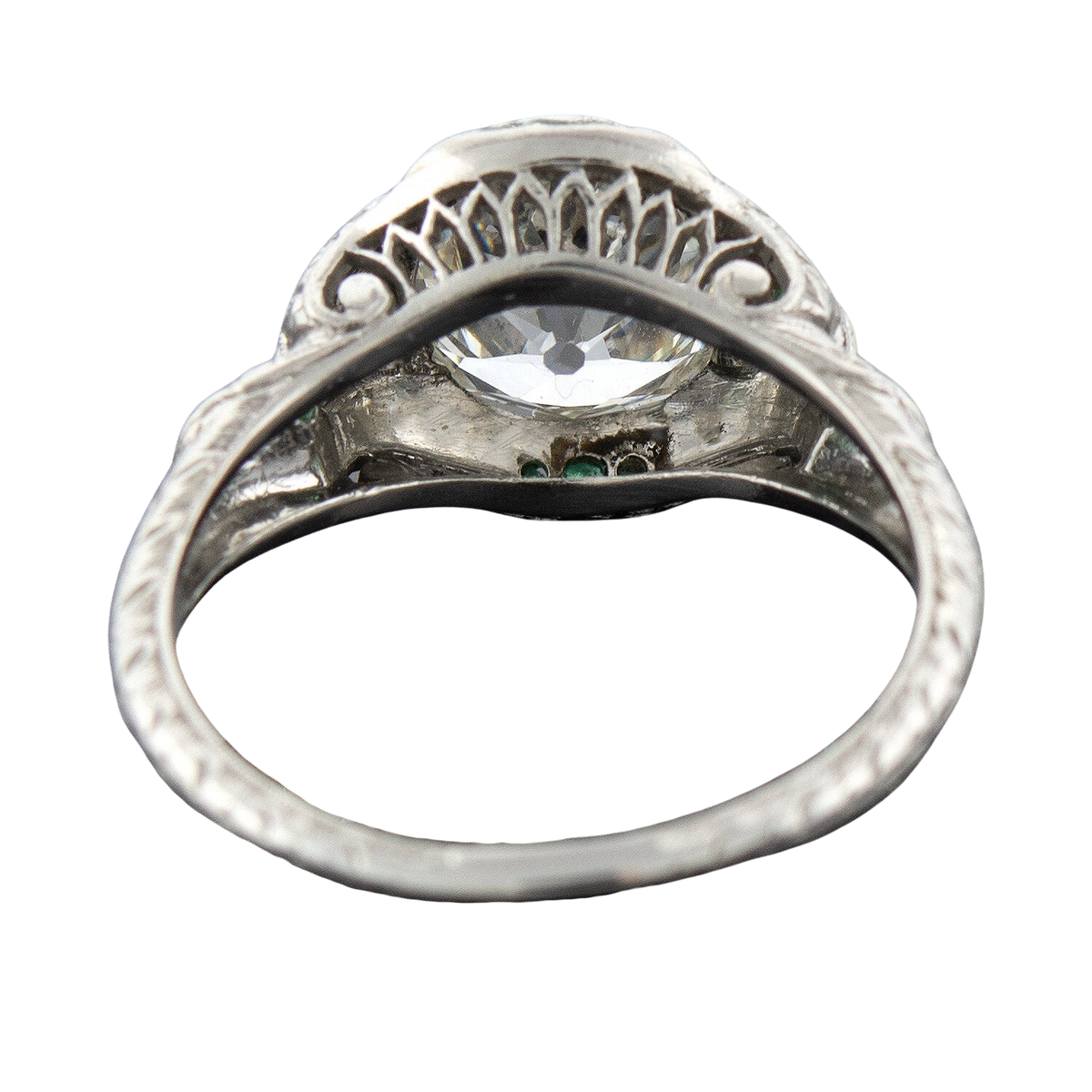 Art Deco Platinum Diamond + Emerald Engagement Ring 2.36ctw Center