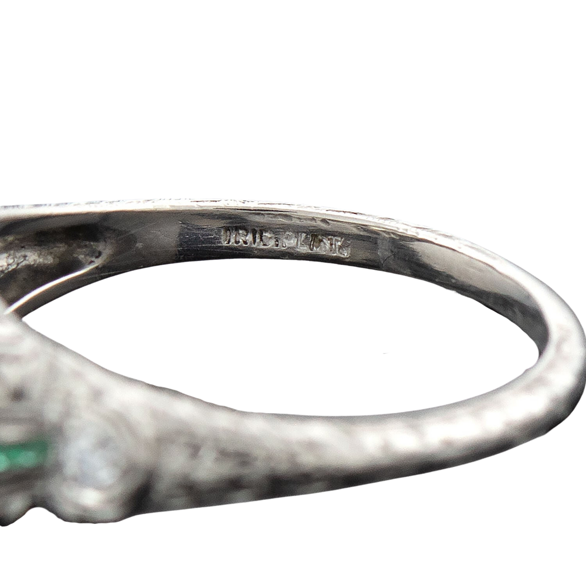Art Deco Platinum Diamond + Emerald Engagement Ring 2.36ctw Center
