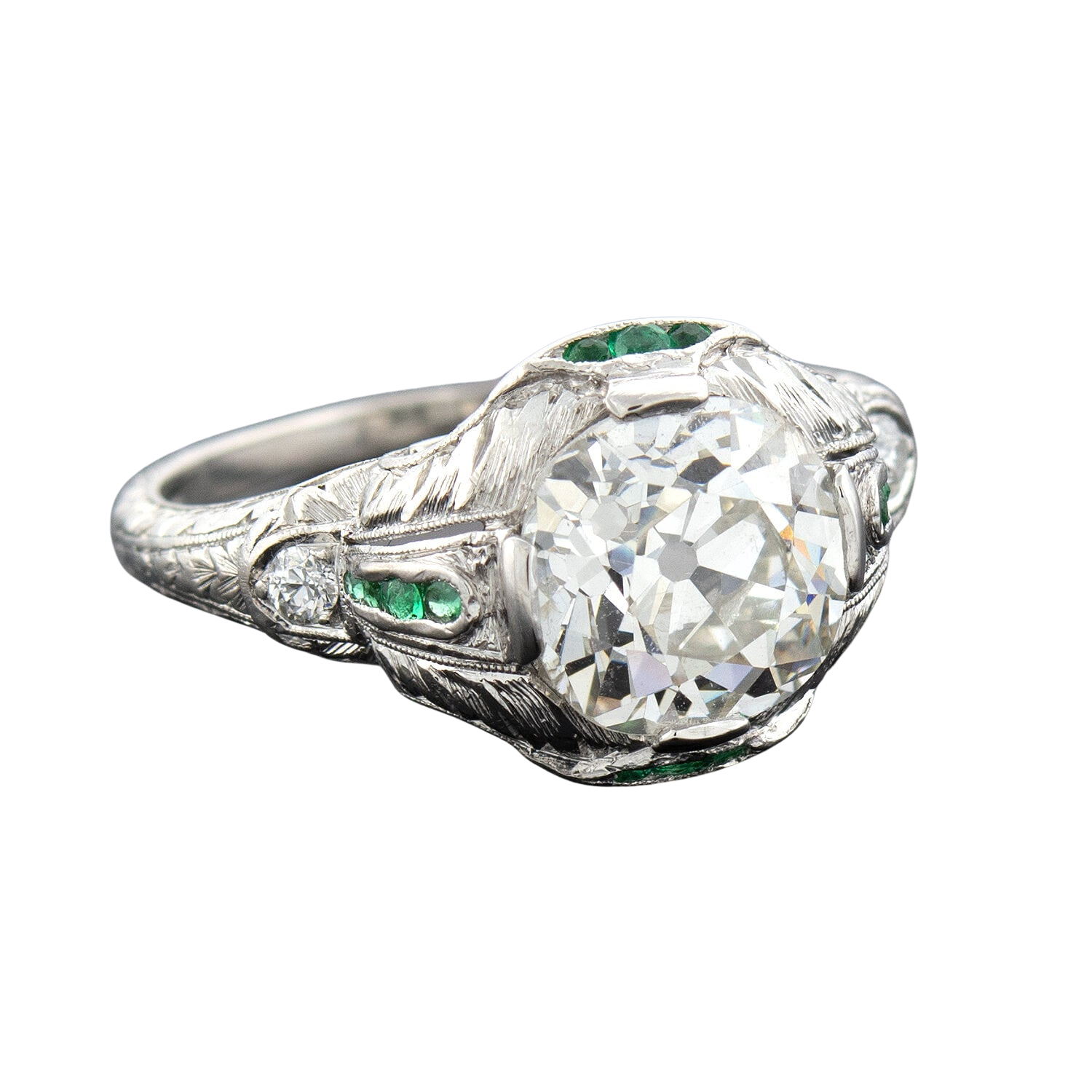 Art Deco Platinum Diamond + Emerald Engagement Ring 2.36ctw Center