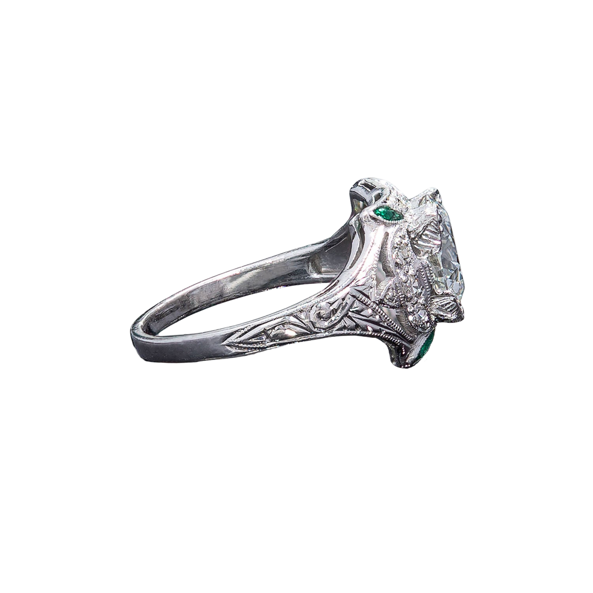Art Deco Platinum Diamond + Emerald Engagement Ring 1.78ct