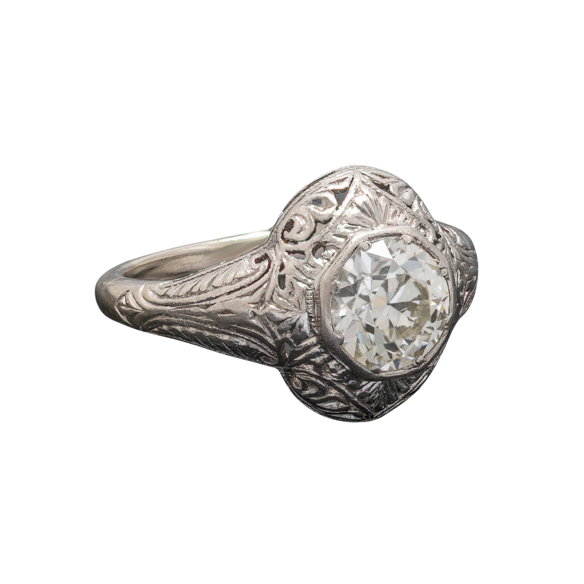 Edwardian 14kt White Gold + Old European Cut Diamond Engagement Ring 1.18ctw