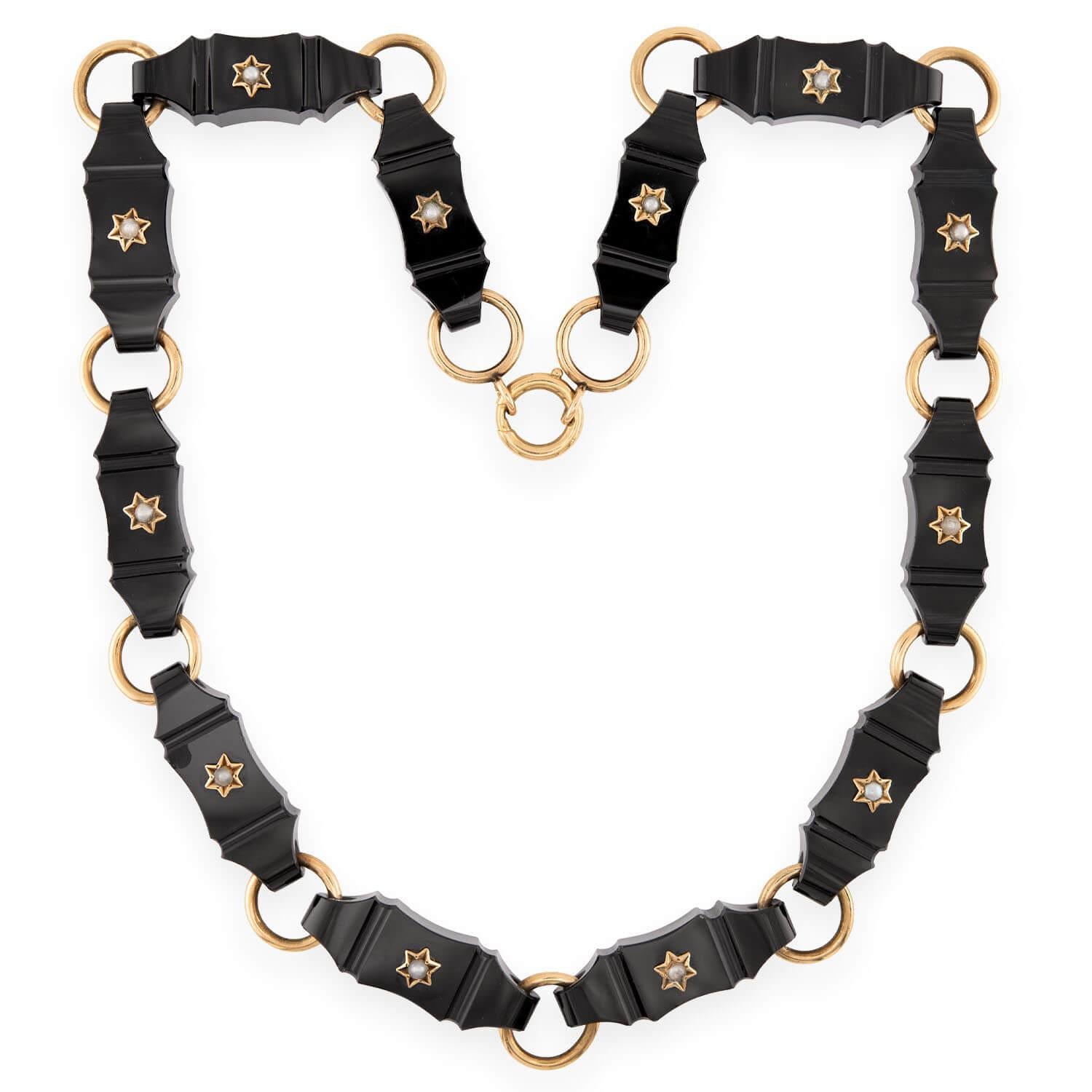 Art Deco 14k Onyx & Pearl Link Necklace