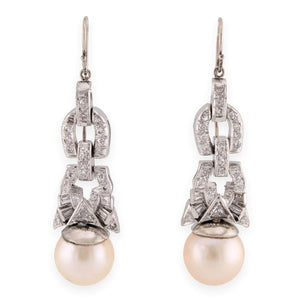 Retro Platinum Diamond & Pearl Drop Earrings