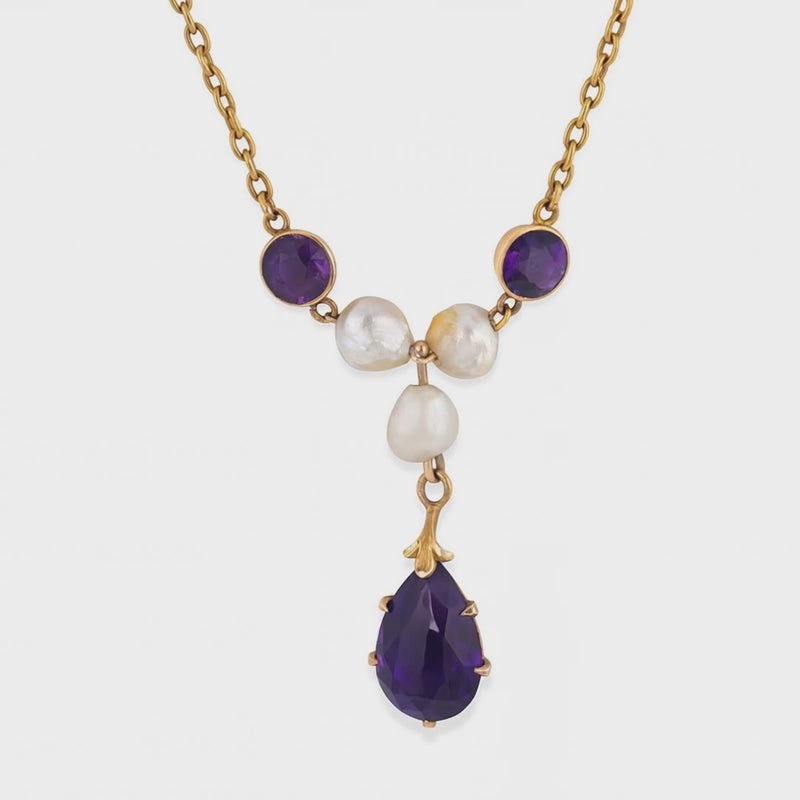 Art Nouveau 14k Amethyst & Pearl Festoon Necklace