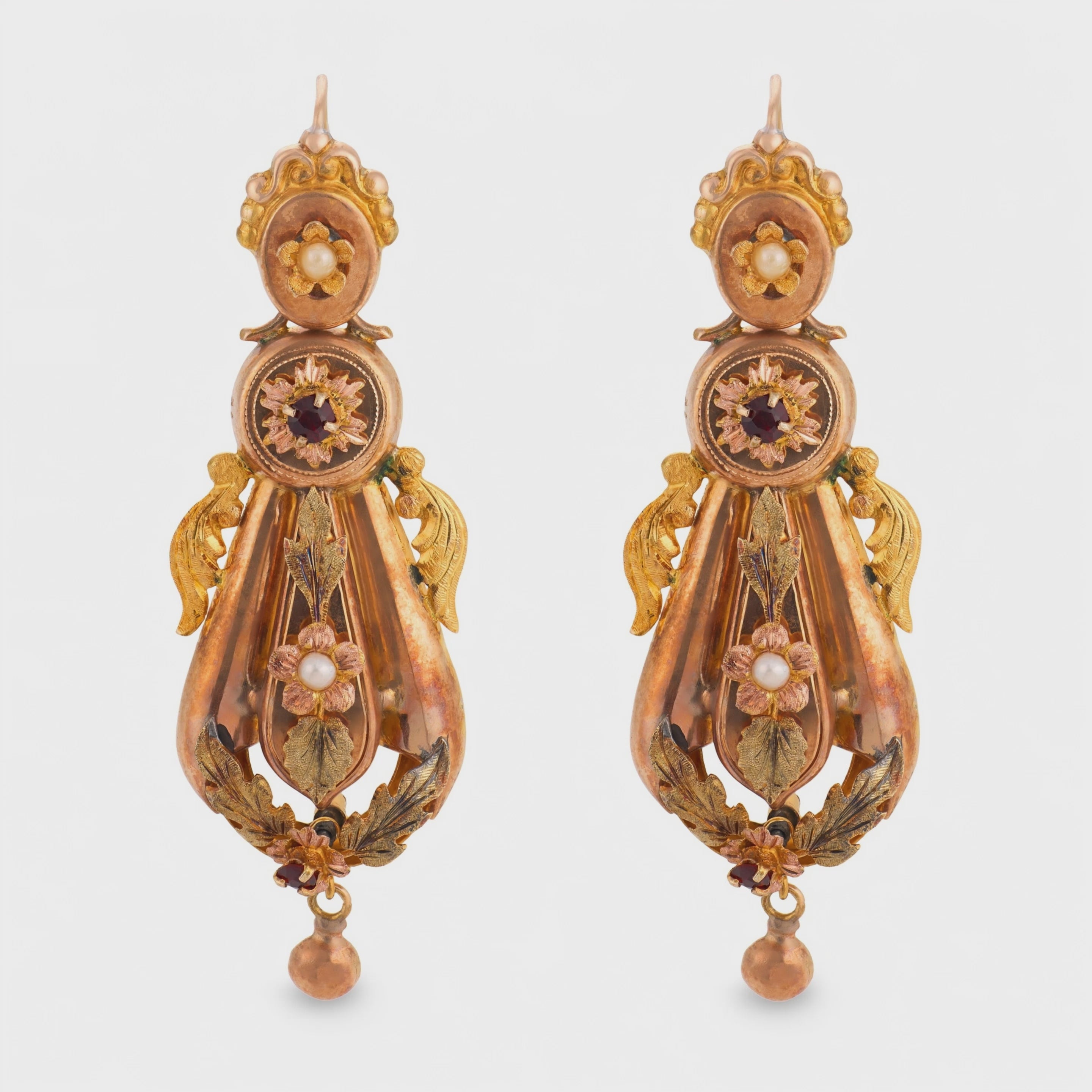Art Nouveau 14k Pearl & Garnet Dangle Earrings