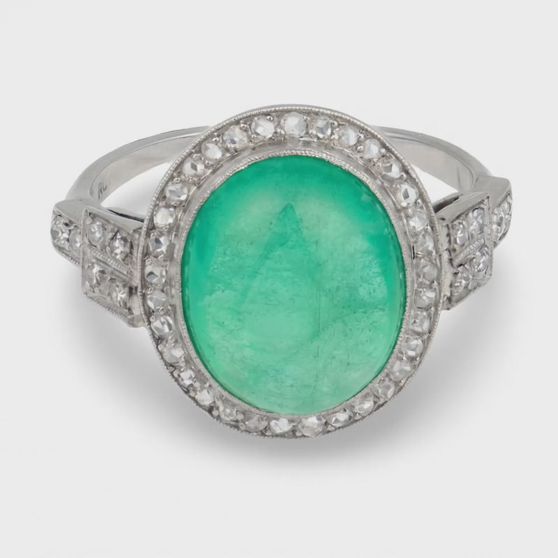 Art Deco Platinum Emerald & Diamond Halo Ring