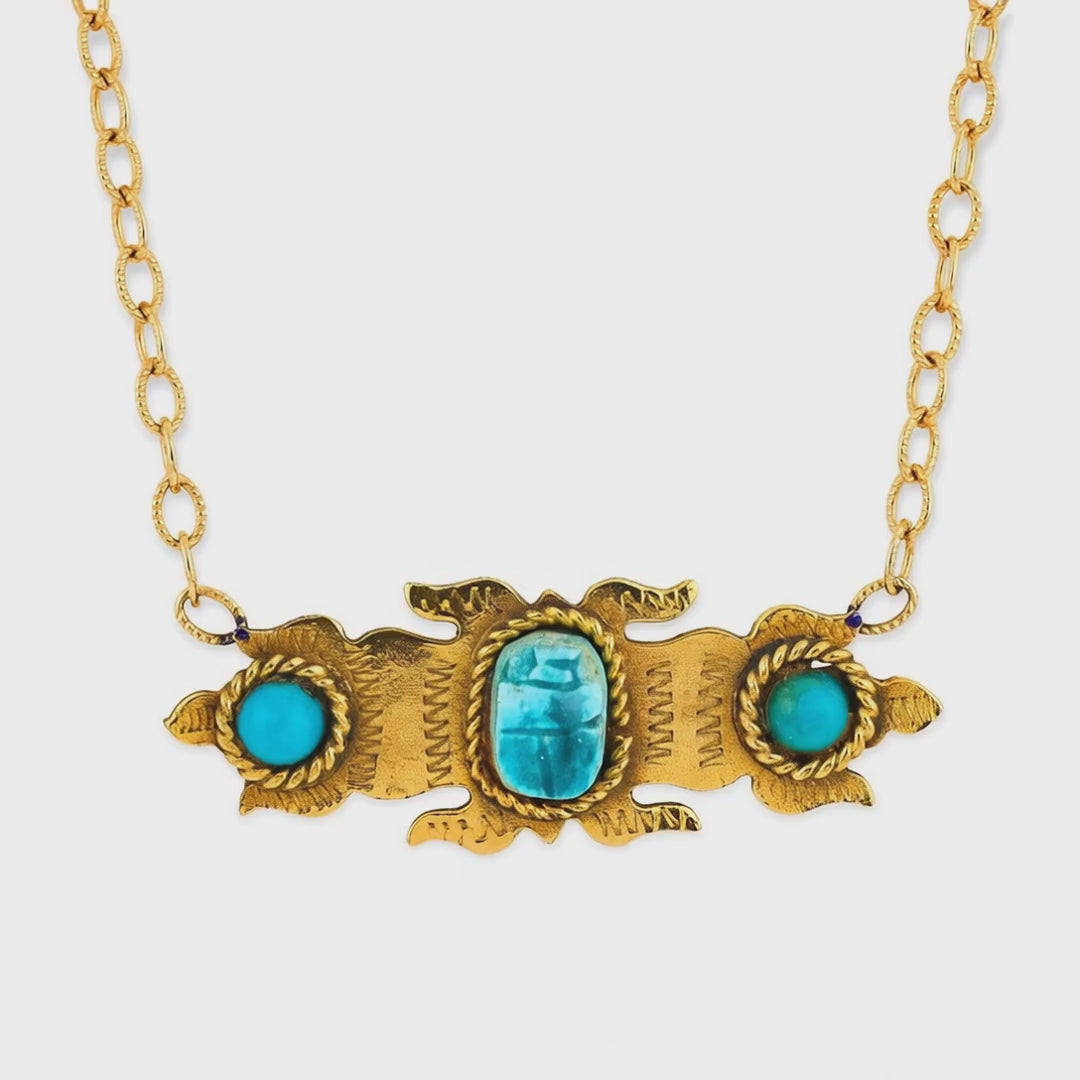 Victorian Gold-Fill Faience & Turquoise Scarab-Motif Pendant Necklace