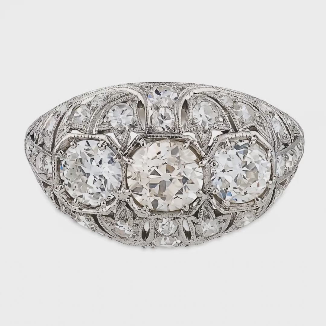 Load video: Edwardian Platinum Diamond Three Stone Ring
