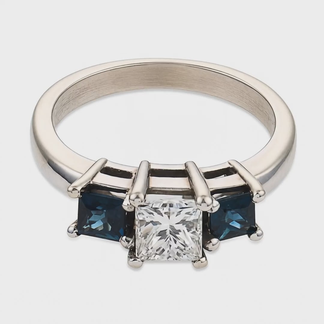 Load video: Estate 14k Diamond &amp; Sapphire Three Stone Ring