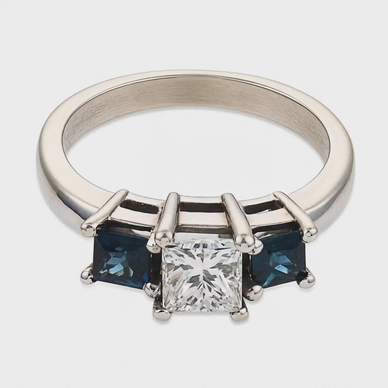 Estate 14k Diamond & Sapphire Three Stone Ring