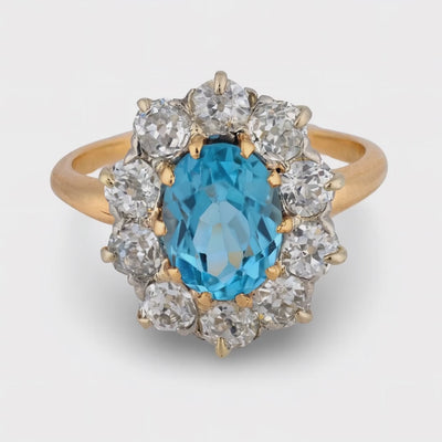 Retro 14k/Platinum Aqua & Diamond Halo Ring