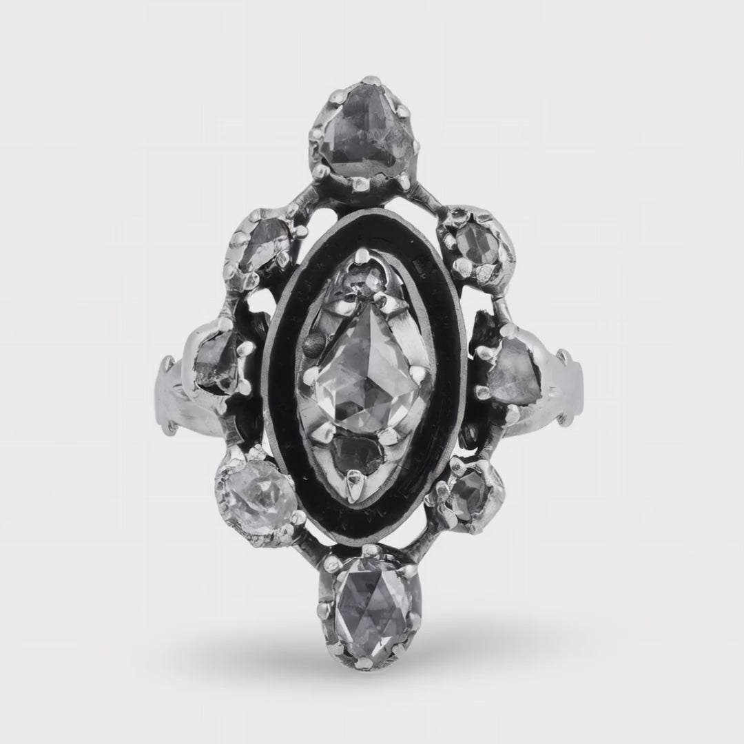 Georgian Sterling Silver Diamond & Enamel Navette Ring