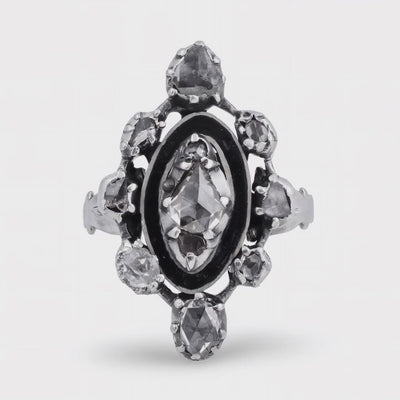 Georgian Sterling Silver Diamond & Enamel Navette Ring