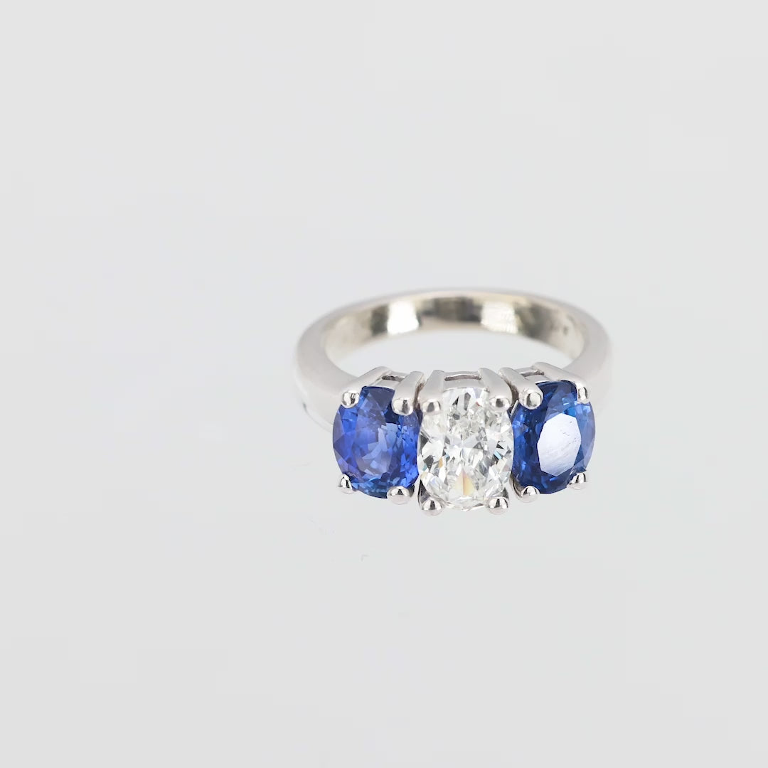 Estate 14k Diamond and Sapphire Three Stone Ring