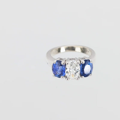 Estate 14k Diamond and Sapphire Three Stone Ring