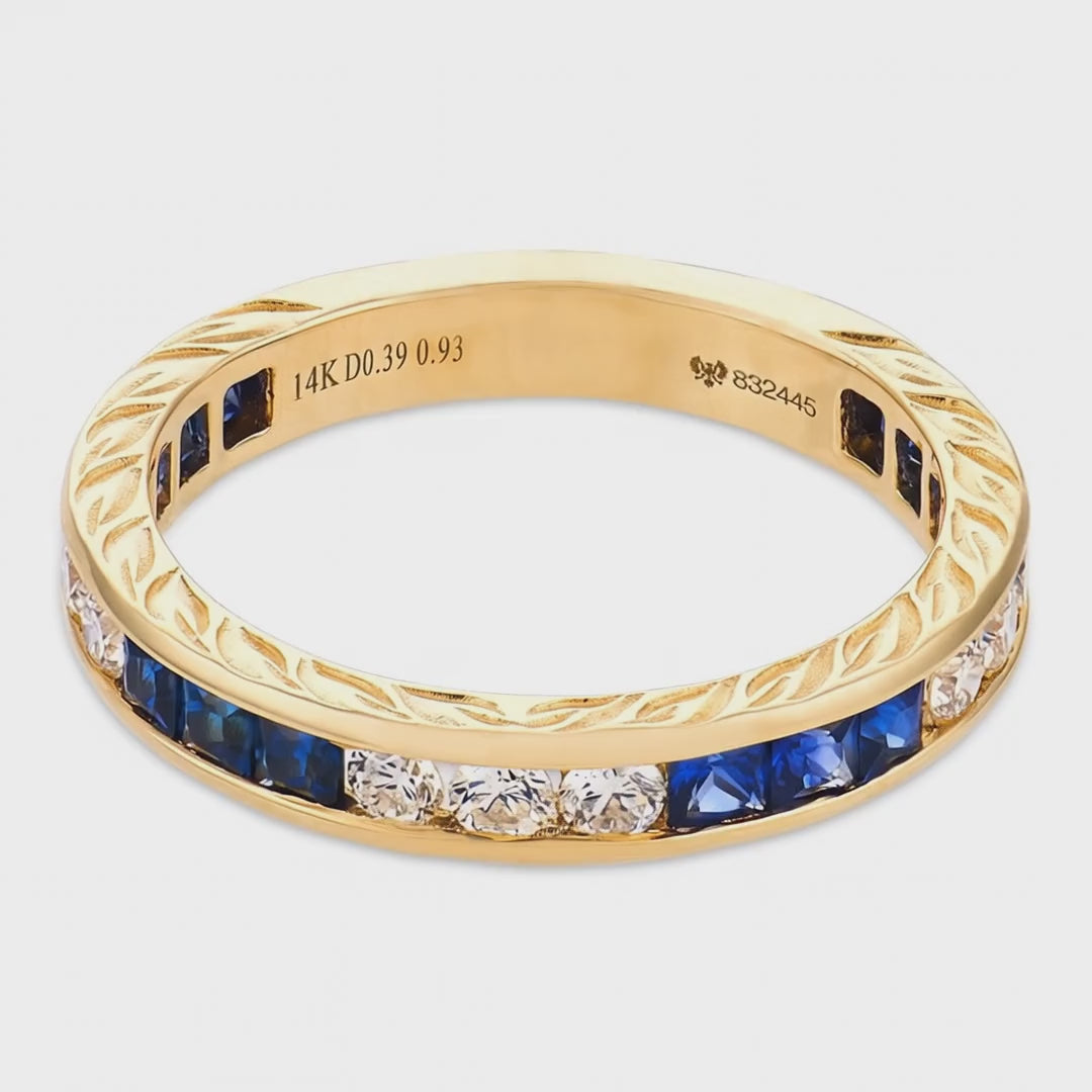 Load video: Estate 14k Diamond &amp; Sapphire Half Band
