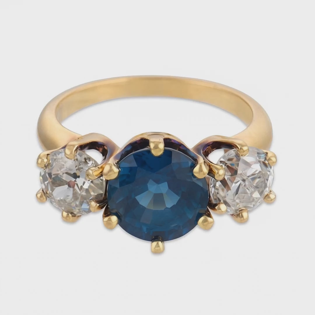Retro 14k Sapphire & Diamond Three Stone Ring