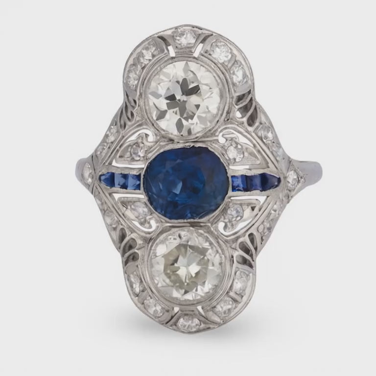 Edwardian Platinum Sapphire & Diamond Navette Ring