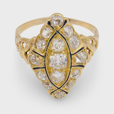 Victorian 18k Diamond & Enamel Navette Ring