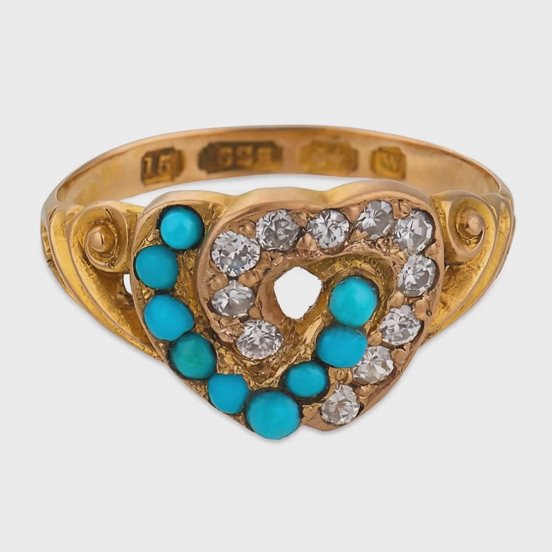 Load video: Victorian English 15k Turquoise &amp; Diamond Double Heart-Motif Ring