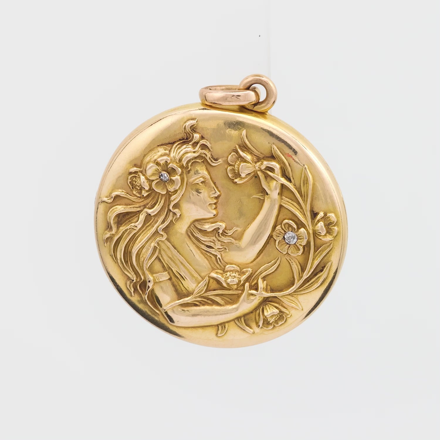 RIKER BROS Art Nouveau 14k Diamond & Enamel Repousse Locket