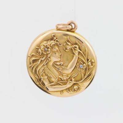 RIKER BROS Art Nouveau 14k Diamond & Enamel Repousse Locket