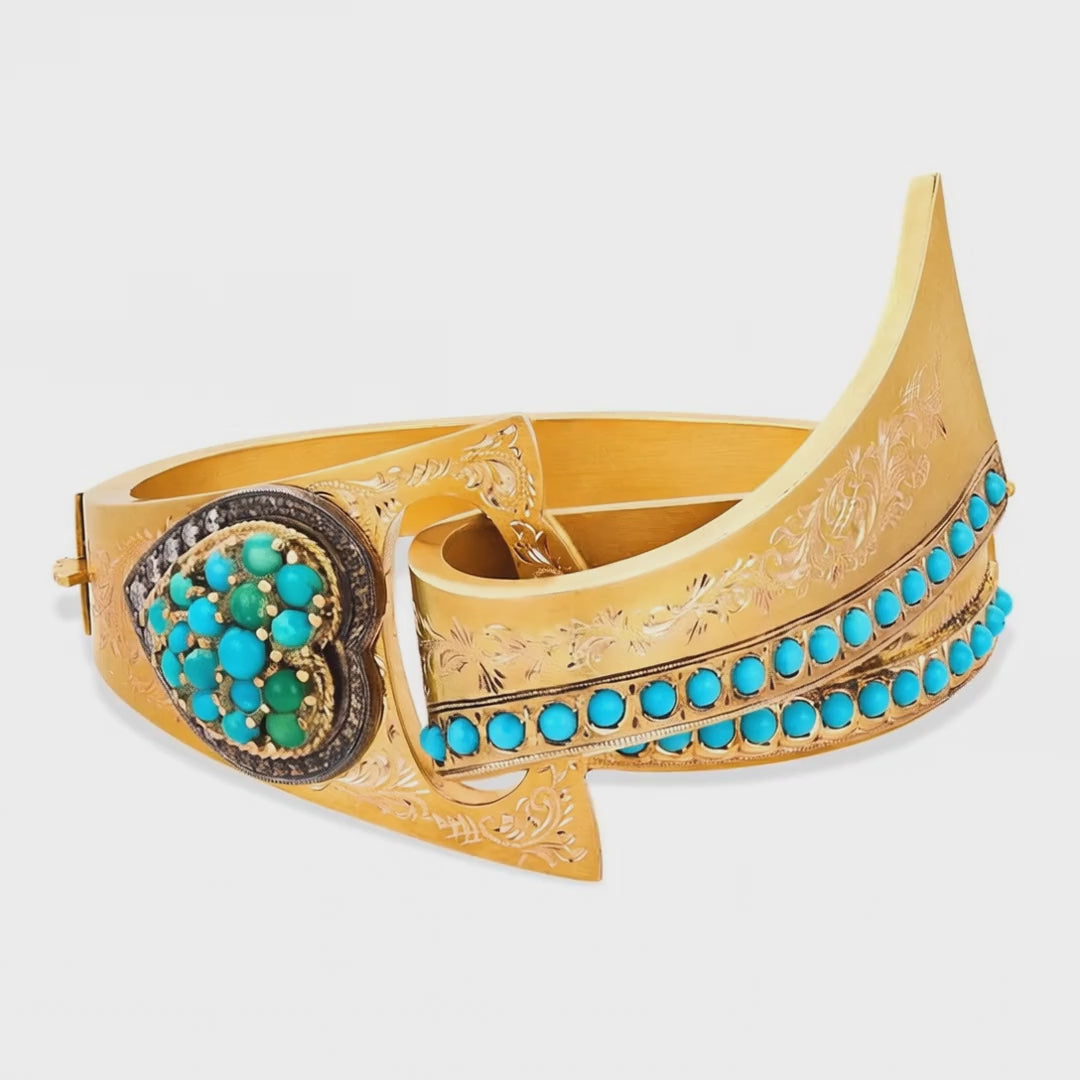 Load video: Victorian 14k Turquoise &amp; Diamond Heart-Motif Ribbon Bangle