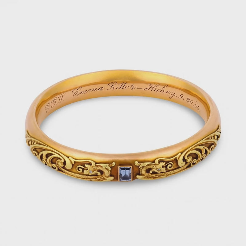 RIKER BROS. Art Nouveau 14k Diamond & Aqua Dragon-Motif Bangle