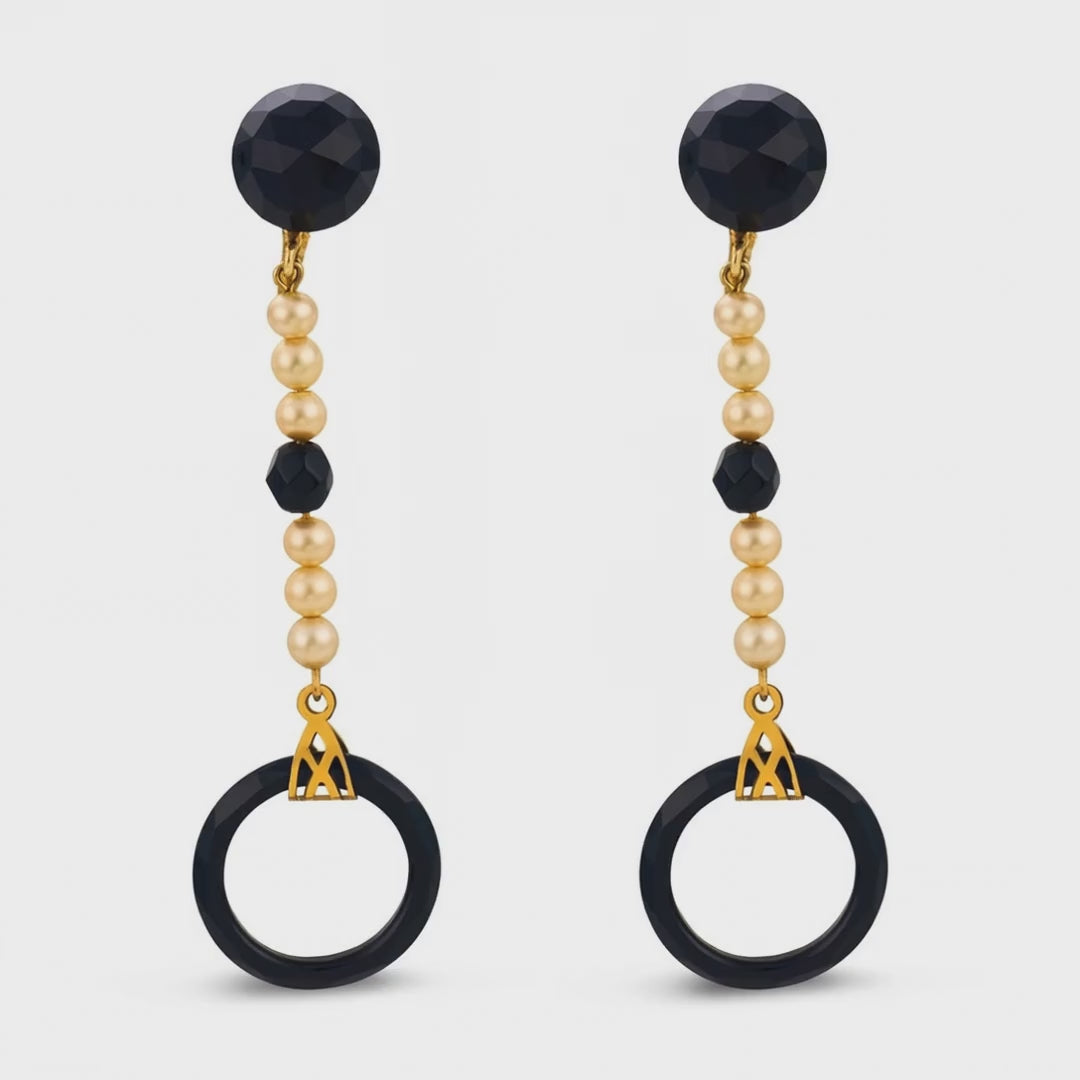 Load video: Art Deco 10k Onyx &amp; Pearl Drop Earrings