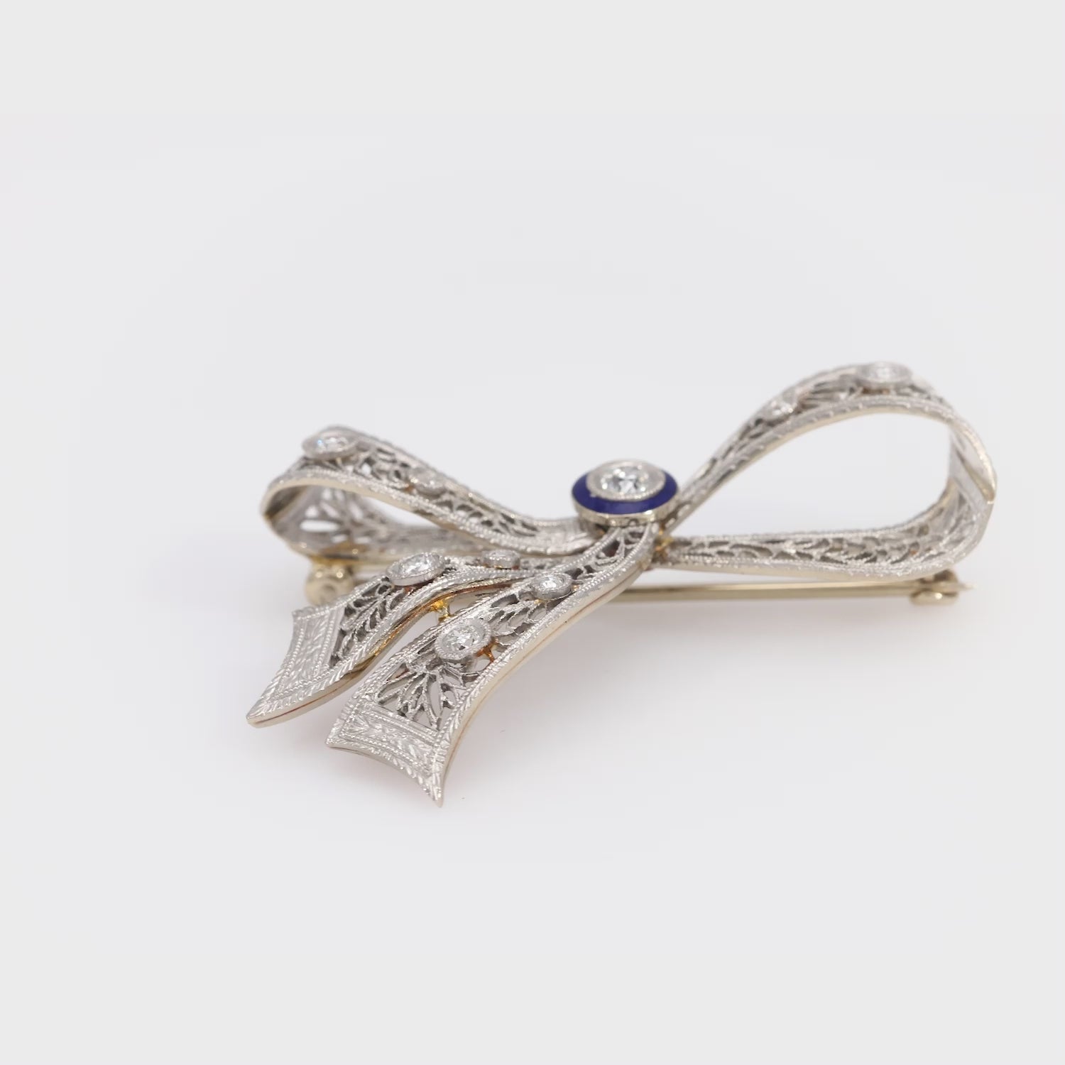 Edwardian 14k Diamond and Enamel Bow Pin