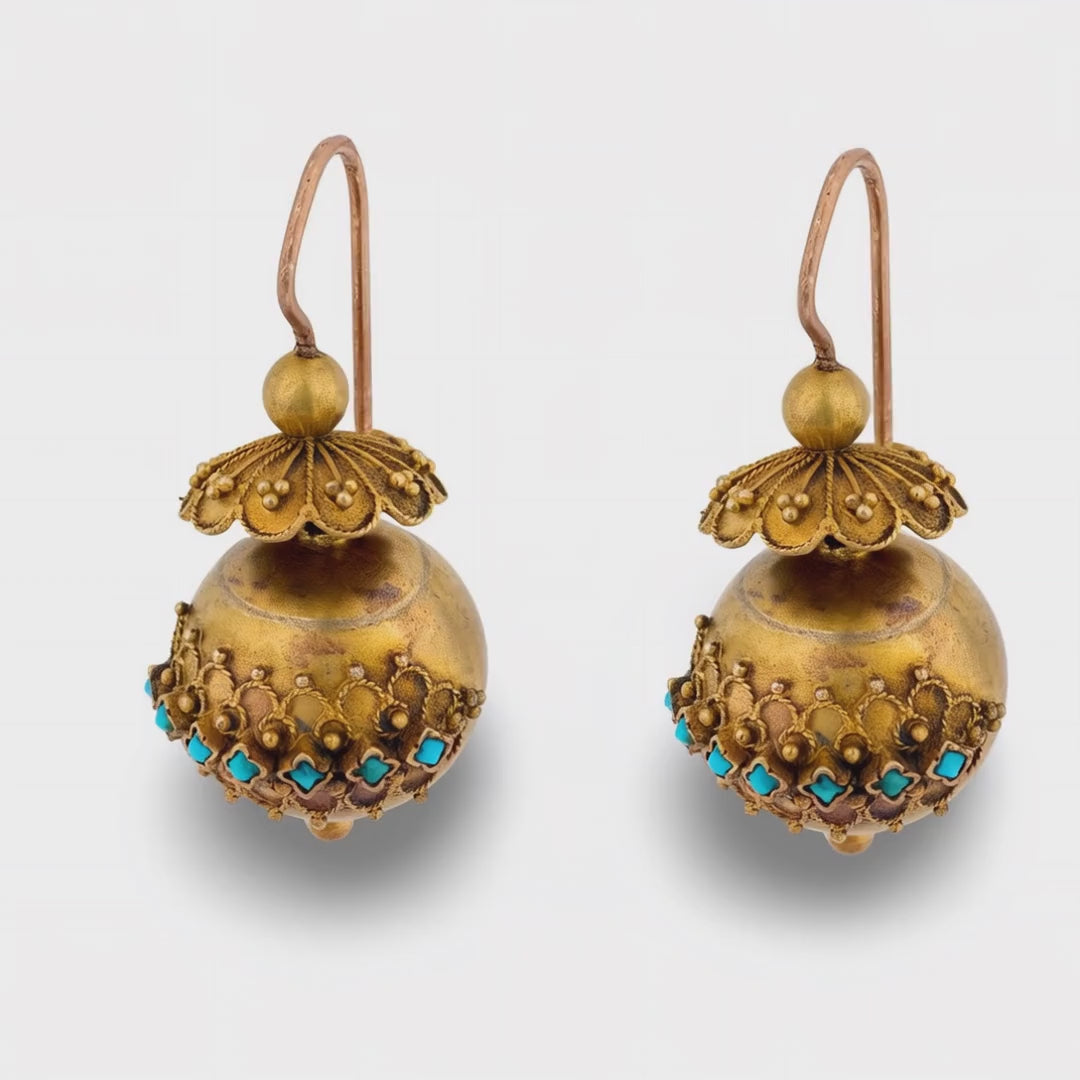 Victorian 14k Etruscan Turquoise Ball Earrings
