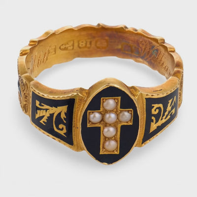 Victorian English 18k Pearl & Enamel Mourning Ring