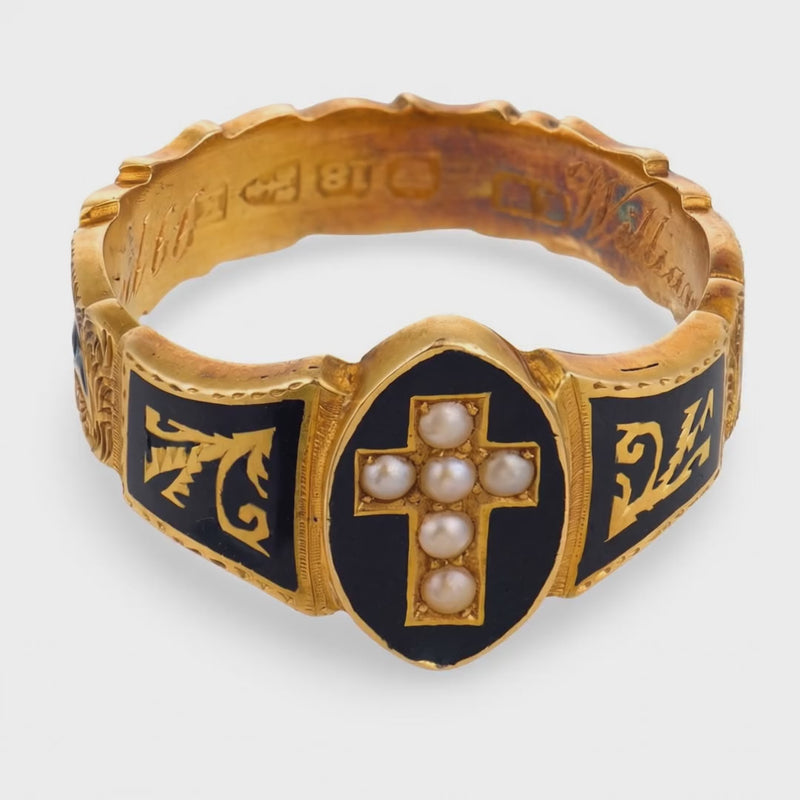 Victorian English 18k Pearl & Enamel Mourning Ring