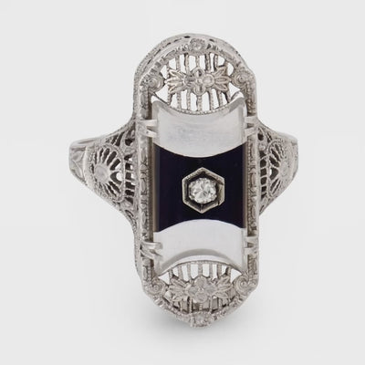 Art Deco 14k Rock Quartz Crystal, Onyx, & Diamond Navette Ring