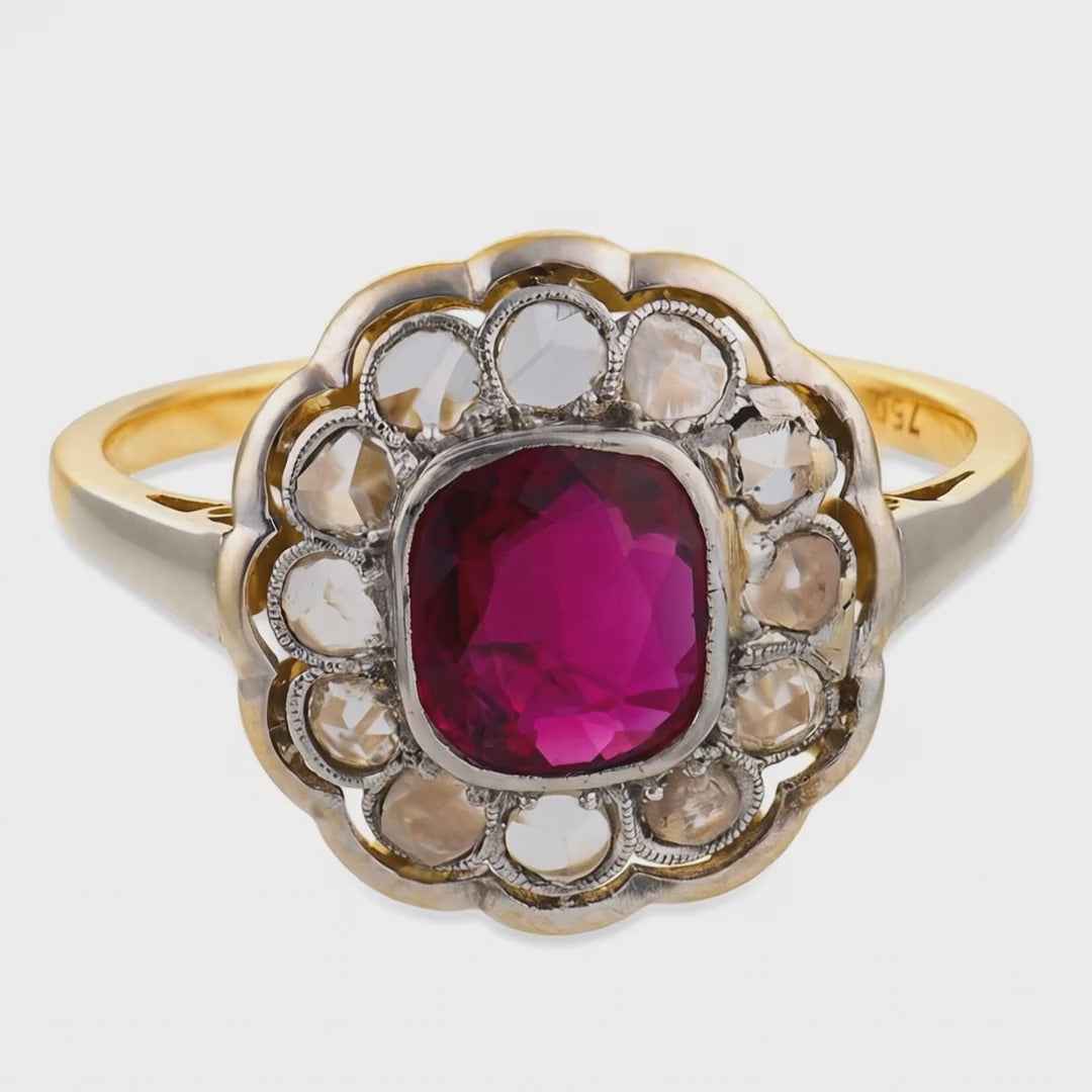 Load video: Edwardian 18k/Platinum GIA Ruby &amp; Diamond Halo Ring