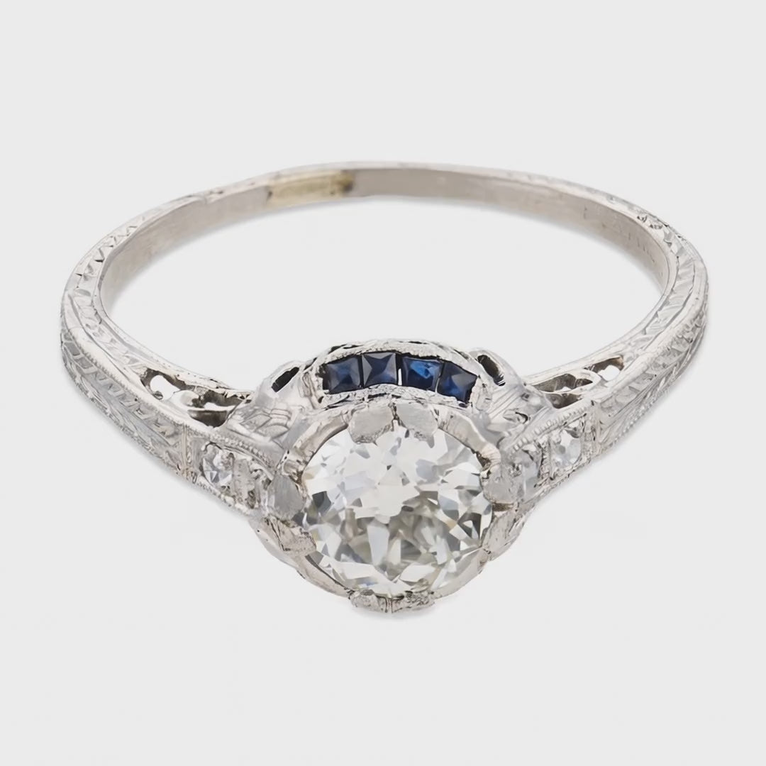 Load video: Art Deco Platinum Diamond &amp; Sapphire Engagement Ring .70ct