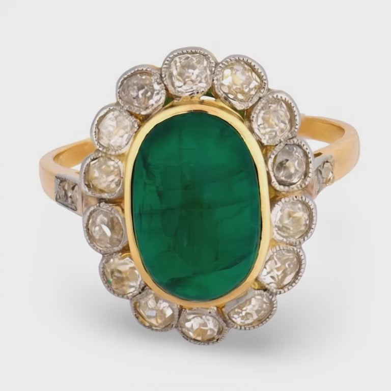 Edwardian French 18k/Platinum Emerald & Diamond Halo Ring