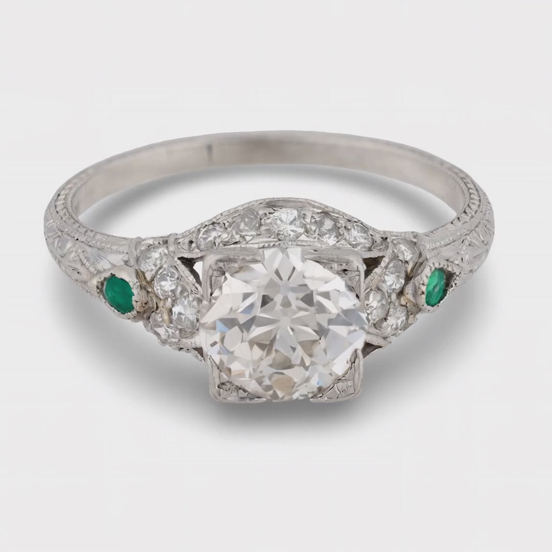 Art Deco Platinum Diamond & Emerald Engagement Ring 1.59ct