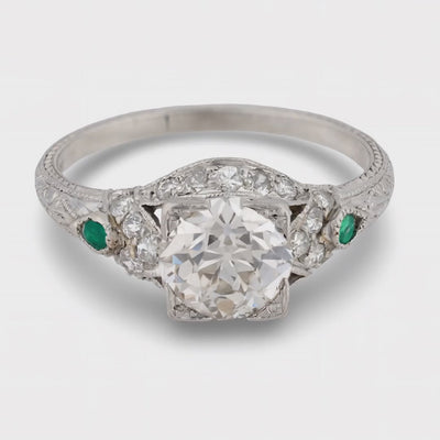 Art Deco Platinum Diamond & Emerald Engagement Ring 1.59ct