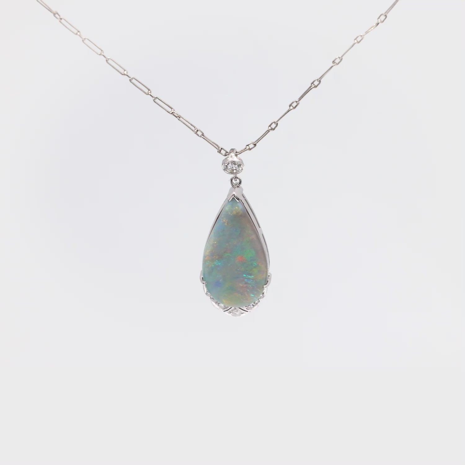 Art Deco 18k Opal and Diamond Teardrop Pendant Necklace