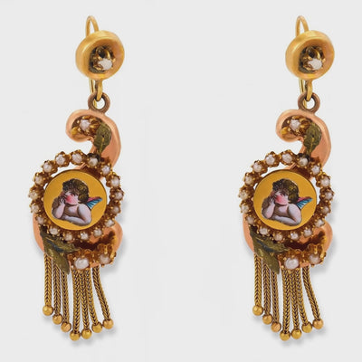 Victorian 14k Pearl & Enamel Cherub-Motif Dangle Earrings